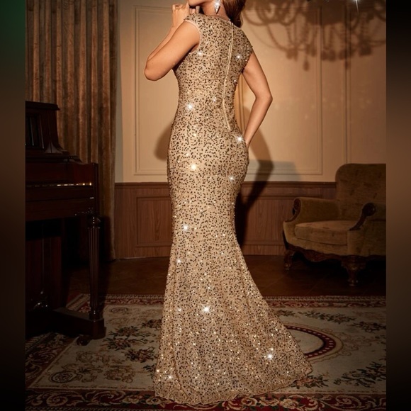 Luxe party bridesmaids prom wedding mermaid hem sequins dress - Picture 3 of 6